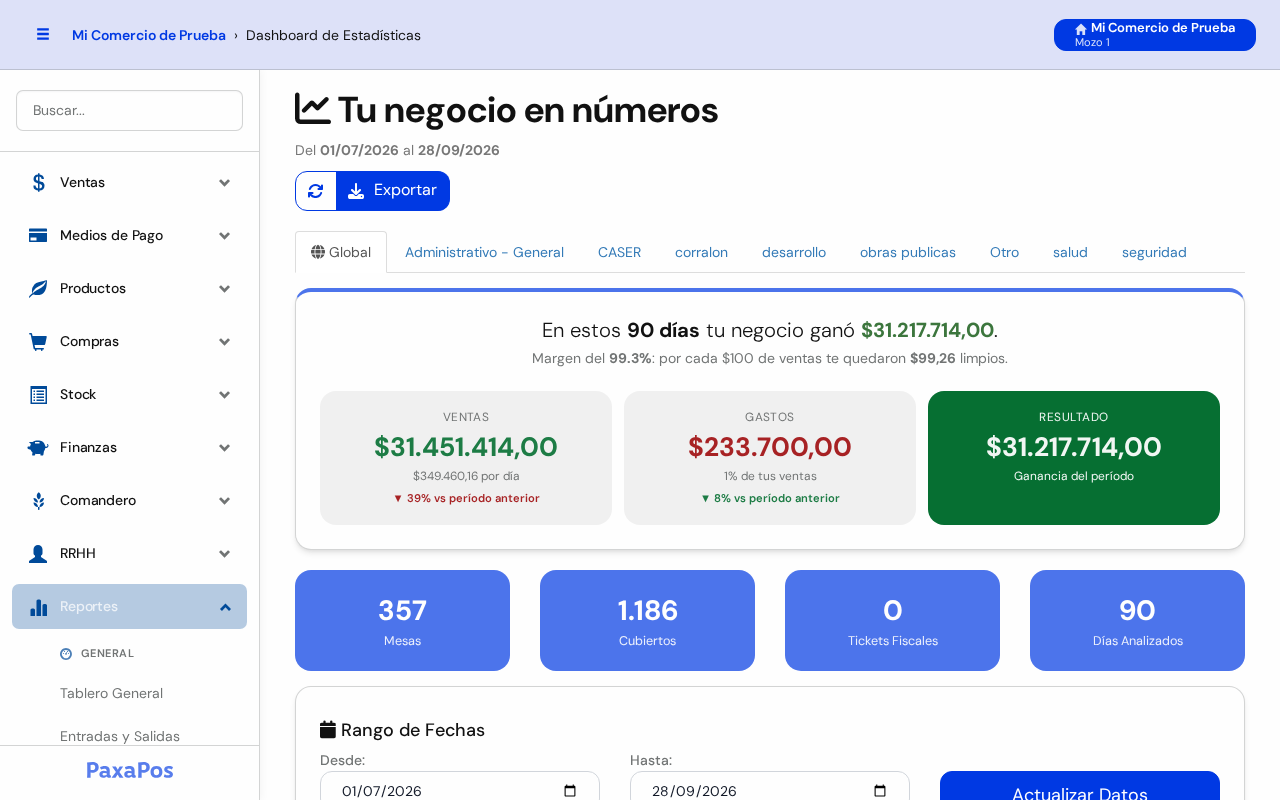 Pantalla Tu negocio en números con el resumen del período, las tarjetas azules y el filtro de fechas
