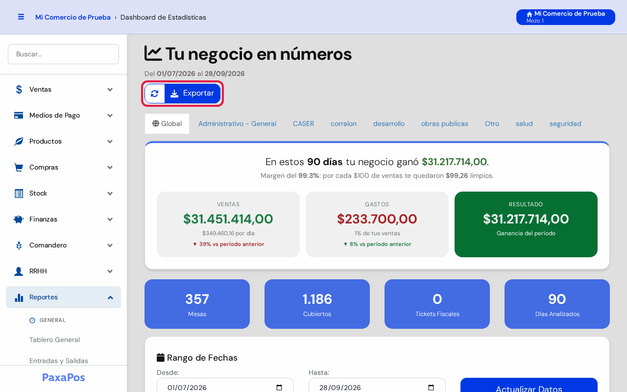 Pantalla con el grupo de dos botones, recargar y Exportar, marcado en rojo debajo del título