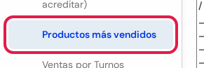 Opción Productos más vendidos marcada en rojo dentro del menú