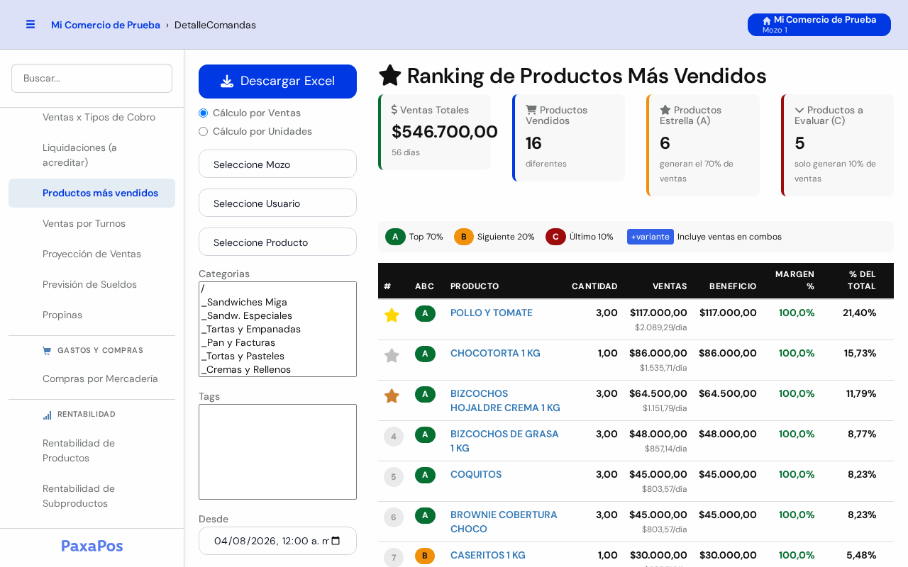 Pantalla Ranking de Productos Más Vendidos con los filtros a la izquierda y el ranking a la derecha
