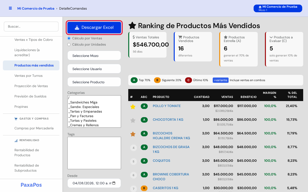 Botón azul Descargar Excel marcado en rojo arriba de los filtros