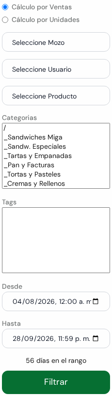 Panel de filtros con Cálculo por Ventas, Mozo, Usuario, Producto, Categorías, Tags, Desde, Hasta y el botón verde Filtrar