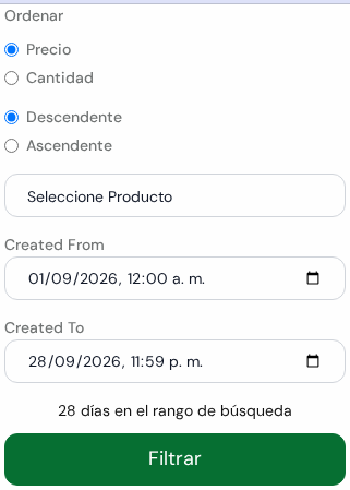Panel de filtros con Ordenar Precio o Cantidad, Descendente o Ascendente, Seleccione Producto, las fechas y el botón verde Filtrar