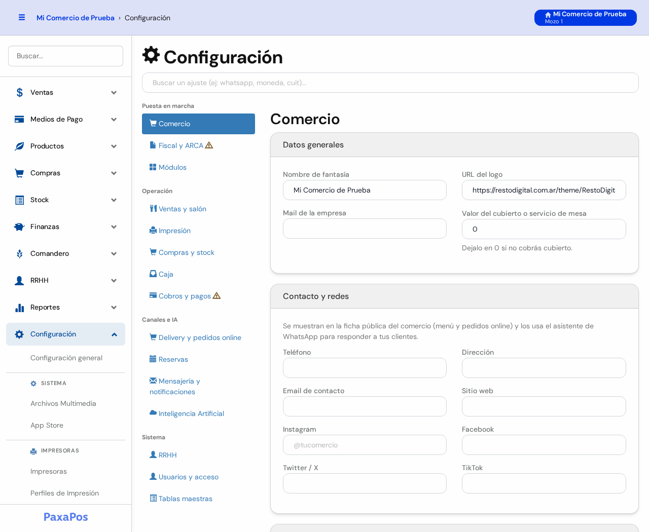Pantalla Configuración con el buscador arriba, la lista de secciones a la izquierda y los datos de Comercio a la derecha