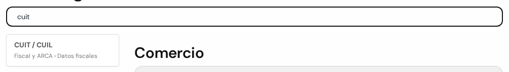 Buscador con la palabra cuit escrita y un resultado debajo