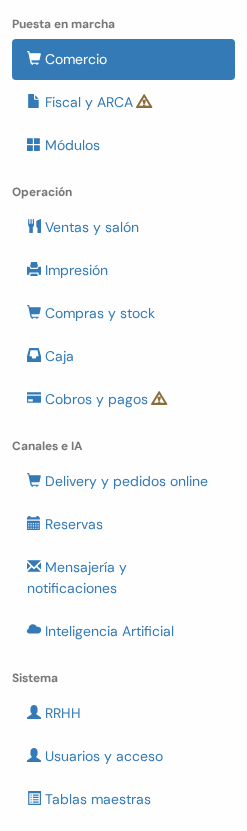 Lista de secciones agrupadas en Puesta en marcha, Operación, Canales e IA y Sistema