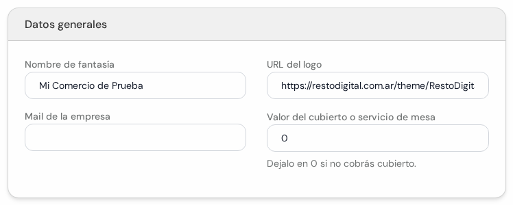 Cuadro Datos generales con Nombre de fantasía, URL del logo, Mail de la empresa y Valor del cubierto