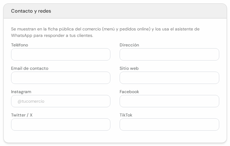 Cuadro Contacto y redes con teléfono, dirección, email, sitio web y redes sociales