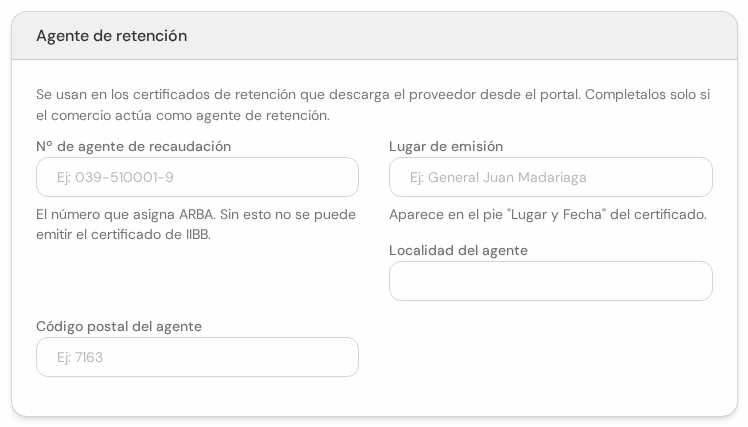 Cuadro Agente de retención con número de agente, lugar de emisión, localidad y código postal