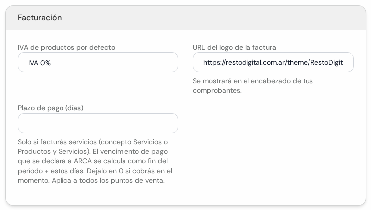 Cuadro Facturación con IVA por defecto, logo de la factura y plazo de pago