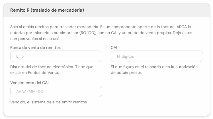 Cuadro Remito R con punto de venta de remitos, CAI y vencimiento del CAI