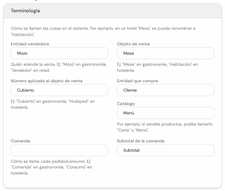 Cuadro Terminología con los nombres Mozo, Mesa, Cubierto, Cliente, Menú, Comanda y Subtotal