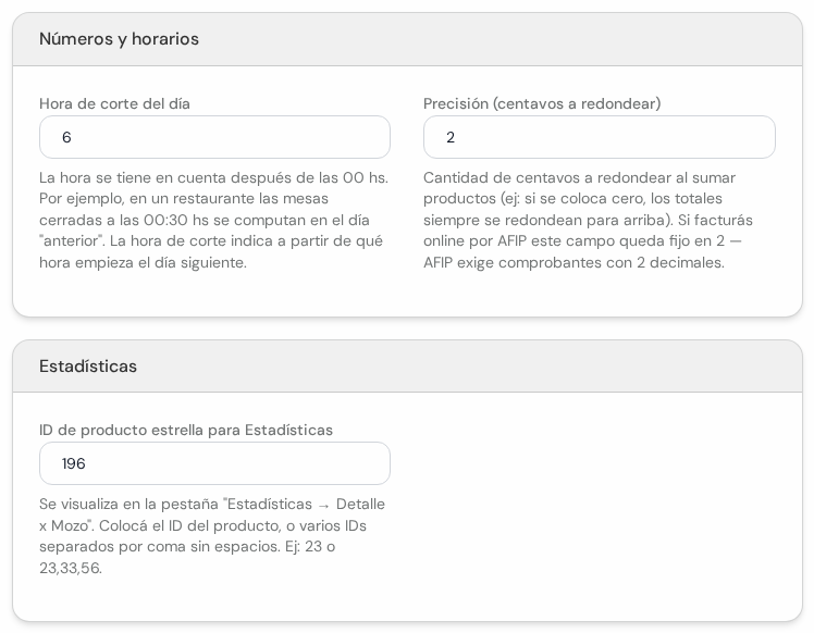 Cuadros Números y horarios y Estadísticas con hora de corte, precisión y producto estrella
