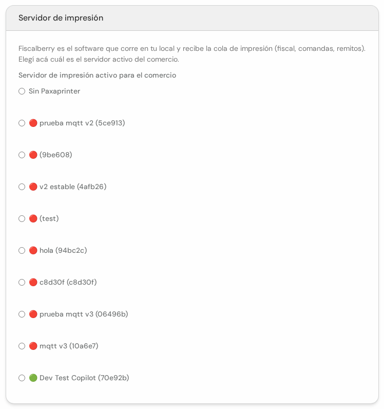 Cuadro Servidor de impresión con la lista de servidores y sus puntos de color