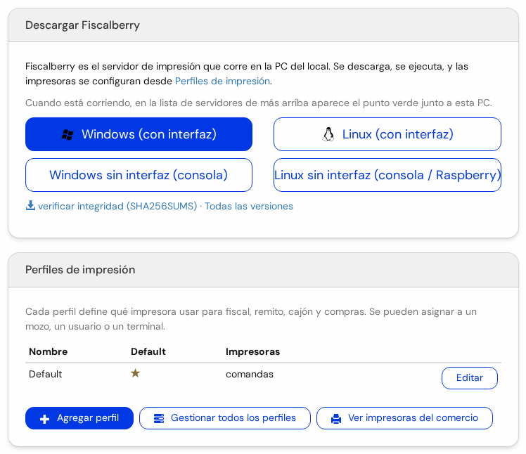 Cuadros Descargar Fiscalberry con los botones de descarga y Perfiles de impresión con la lista y sus botones