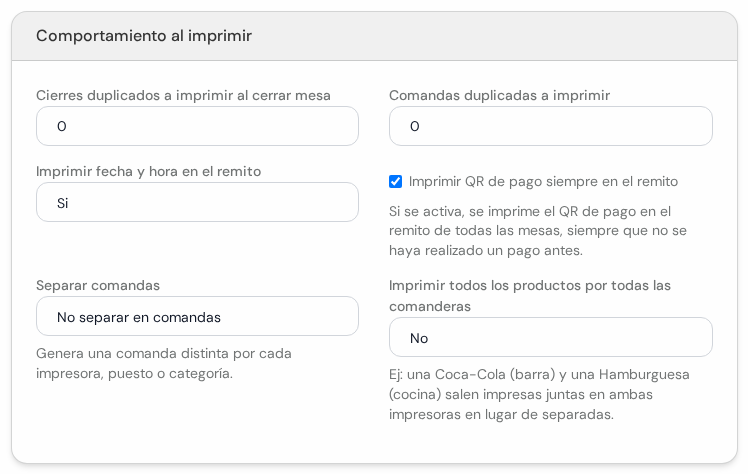 Cuadro Comportamiento al imprimir con duplicados, fecha en remito, QR de pago y separación de comandas