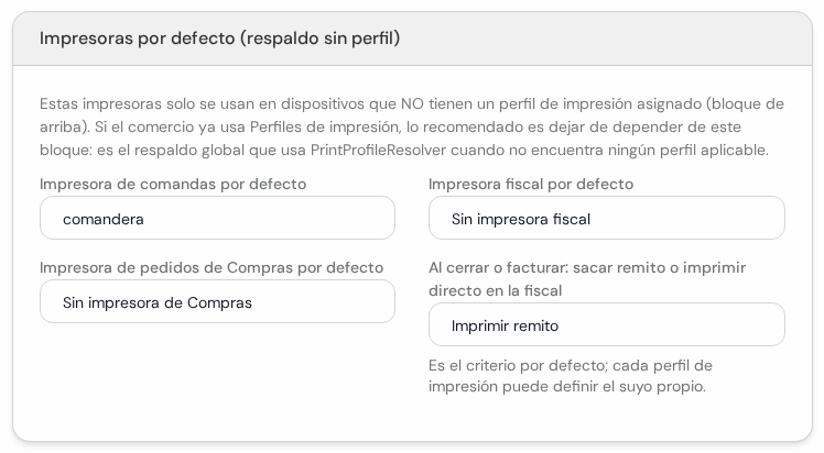Cuadro Impresoras por defecto con la comandera, la fiscal, las compras y qué hacer al cerrar