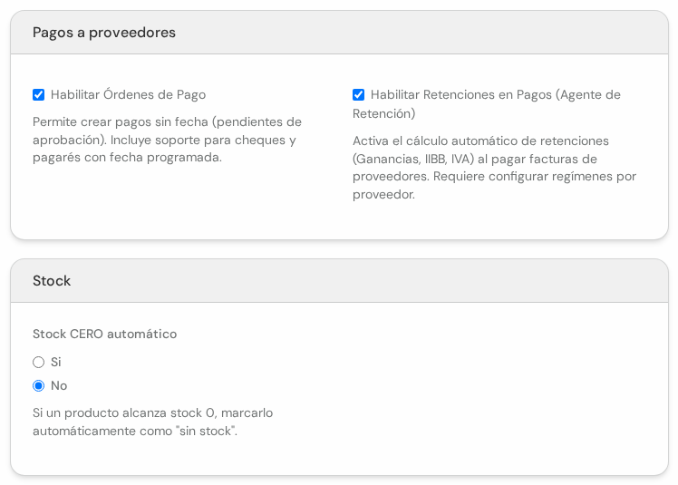 Cuadros Pagos a proveedores con órdenes de pago y retenciones, y Stock con Stock CERO automático