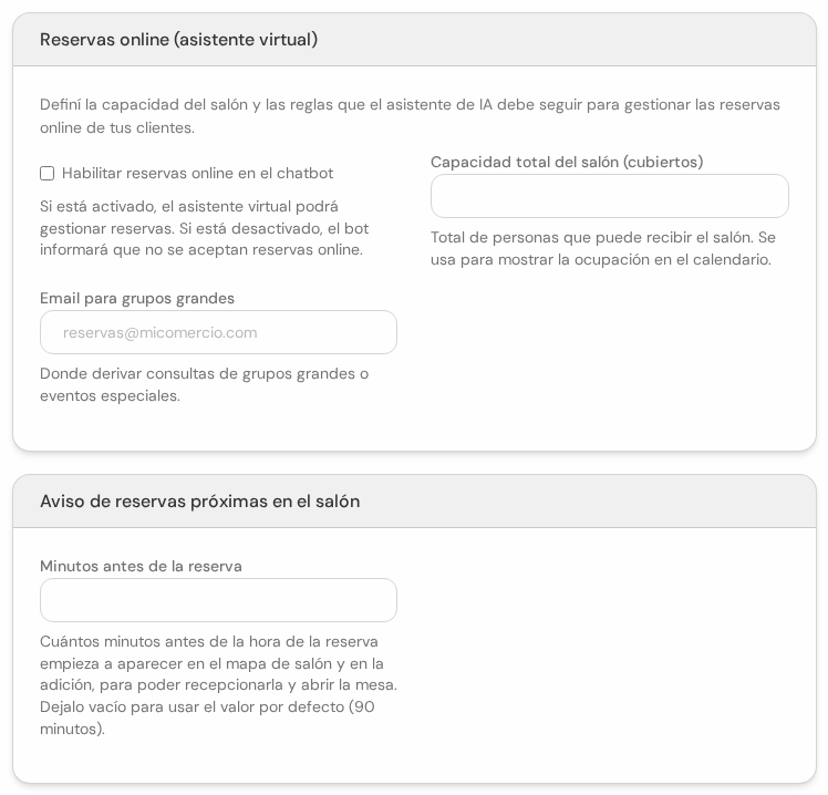 Cuadros Reservas online con capacidad y email, y Aviso de reservas próximas en el salón