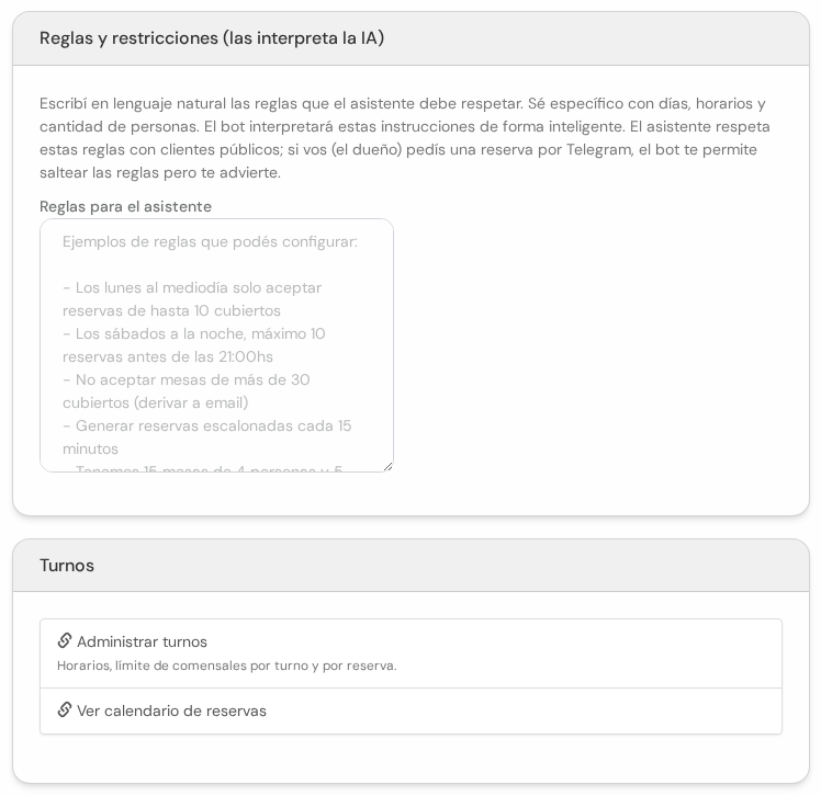 Cuadros Reglas y restricciones con el cuadro de texto para el asistente y Turnos con dos enlaces
