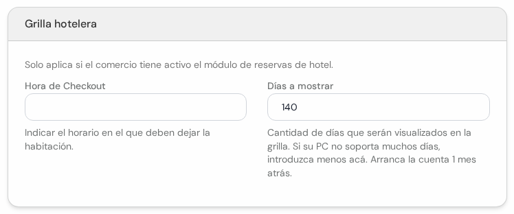 Cuadro Grilla hotelera con hora de checkout y días a mostrar