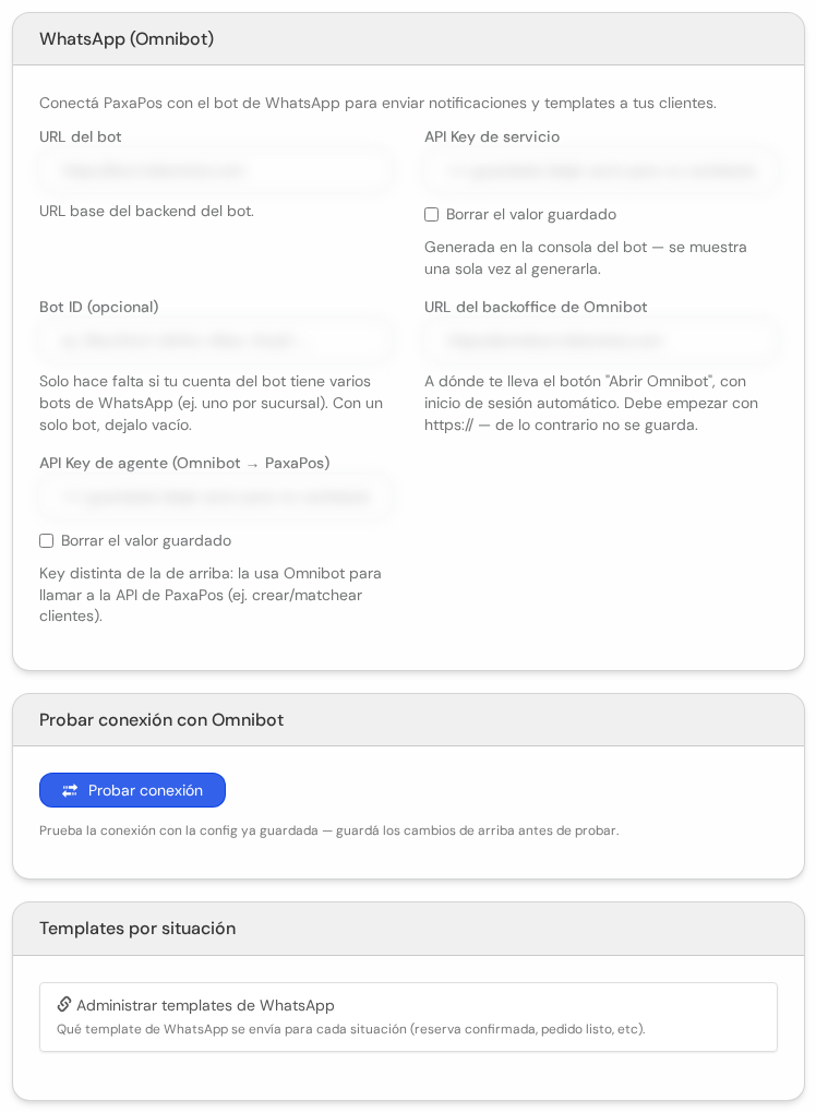 Cuadros WhatsApp Omnibot con URL y claves tapadas, Probar conexión con Omnibot y Templates por situación
