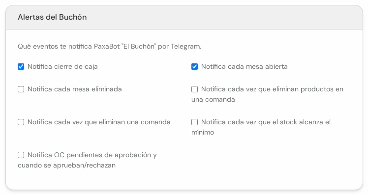 Cuadro Alertas del Buchón con casillas de avisos por Telegram
