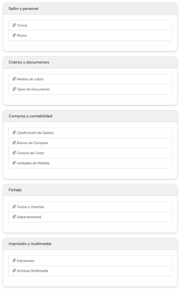 Cuadros de enlaces: Salón y personal, Cobros y documentos, Compras y contabilidad, Fichaje e Impresión y multimedia