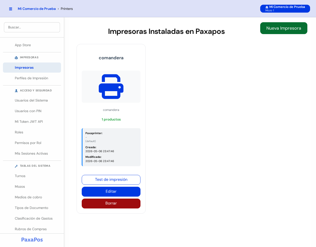 Pantalla Impresoras Instaladas en Paxapos con una impresora cargada