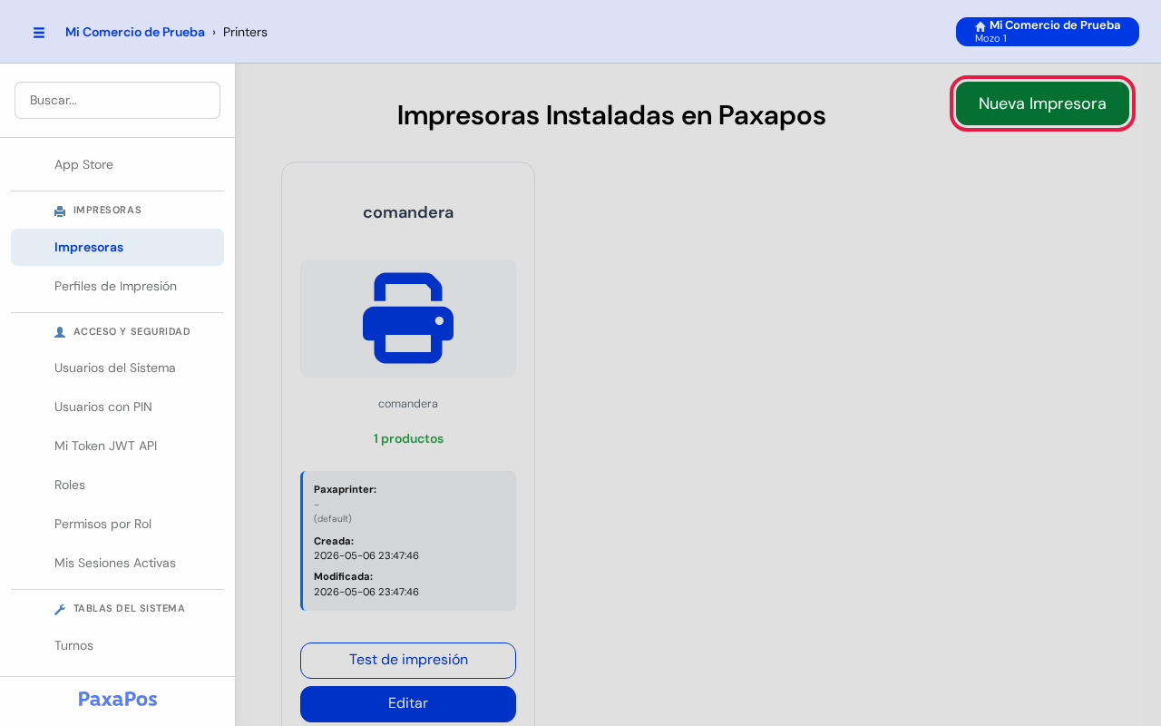 Pantalla Impresoras con el botón verde Nueva Impresora marcado en rojo arriba a la derecha