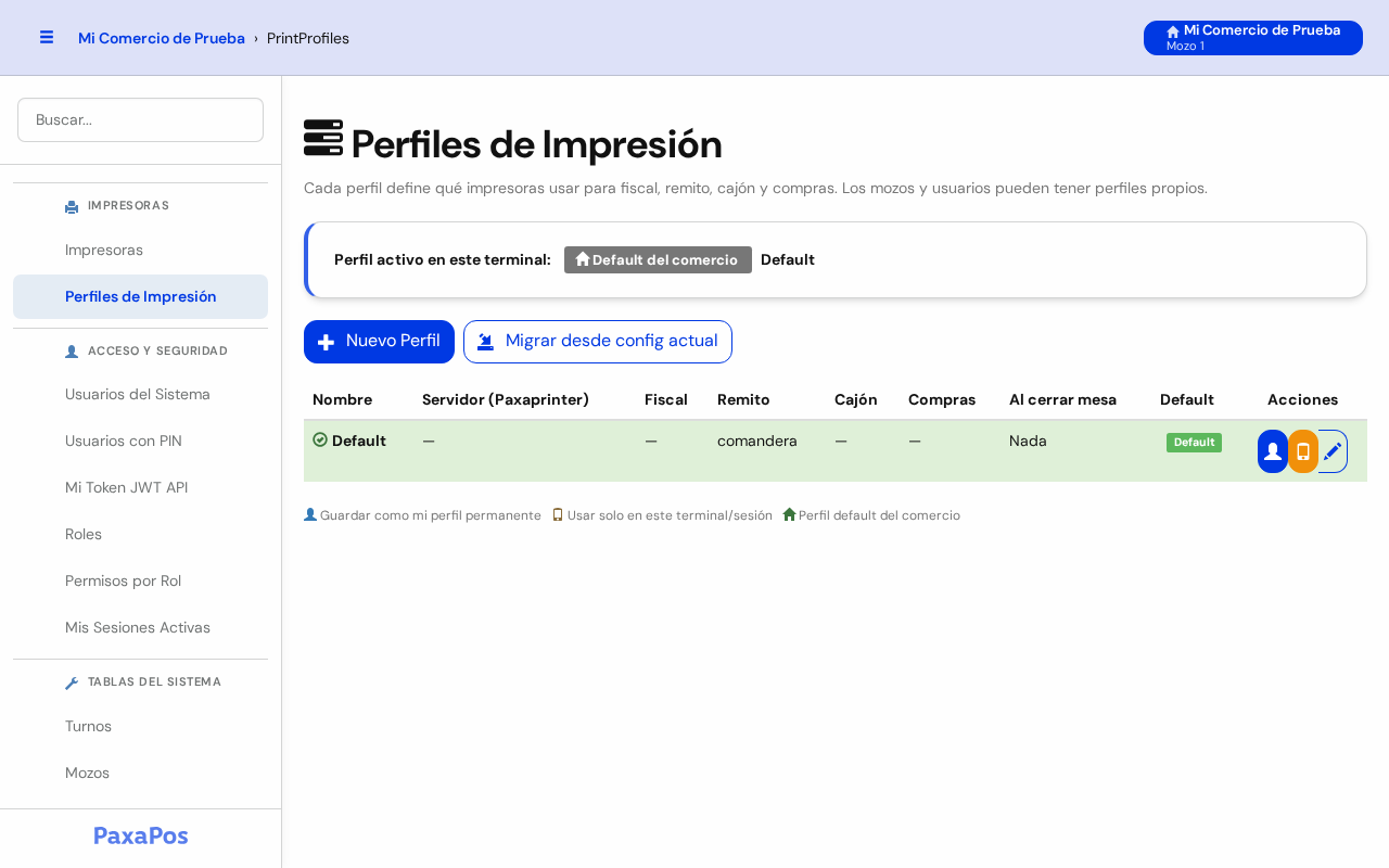 Pantalla Perfiles de Impresión con el perfil Default y los botones Nuevo Perfil y Migrar desde config actual