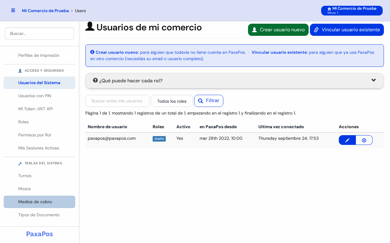 Pantalla Usuarios de mi comercio con la lista de usuarios