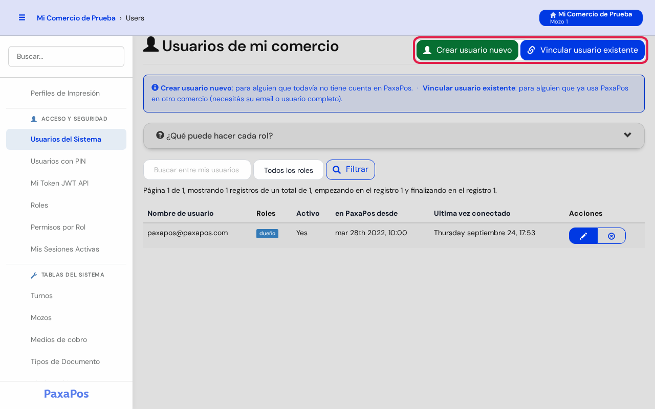 Pantalla con los botones Crear usuario nuevo y Vincular usuario existente marcados en rojo