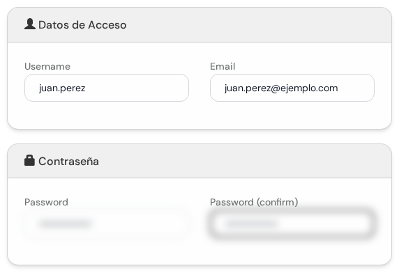 Datos de Acceso y Contraseña con datos de ejemplo de Juan Pérez, contraseñas difuminadas