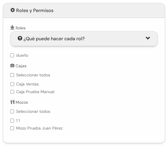 Bloque Roles y Permisos con Roles, Cajas y Mozos
