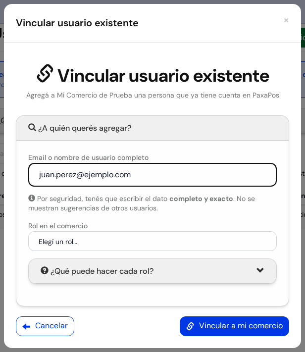 Ventanita Vincular usuario existente con un email de ejemplo y los botones Cancelar y Vincular a mi comercio