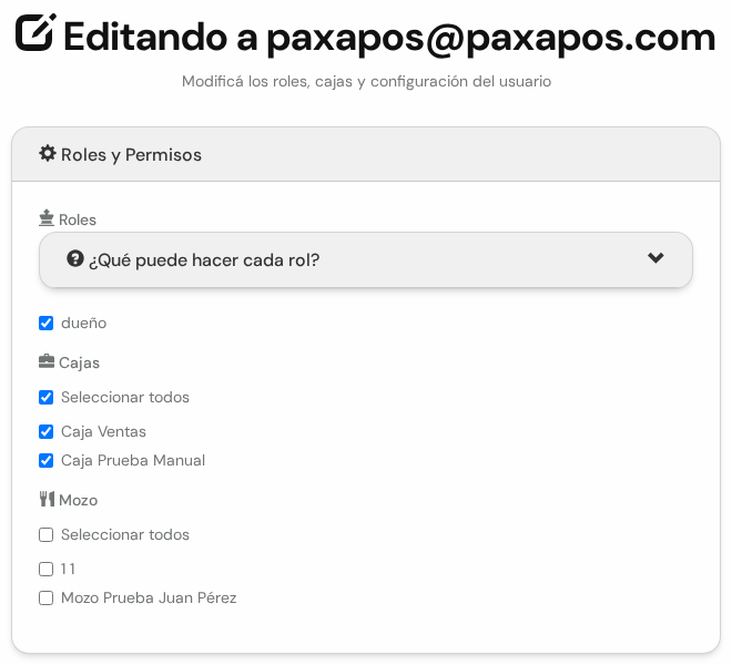Pantalla Editando a un usuario con el bloque Roles y Permisos