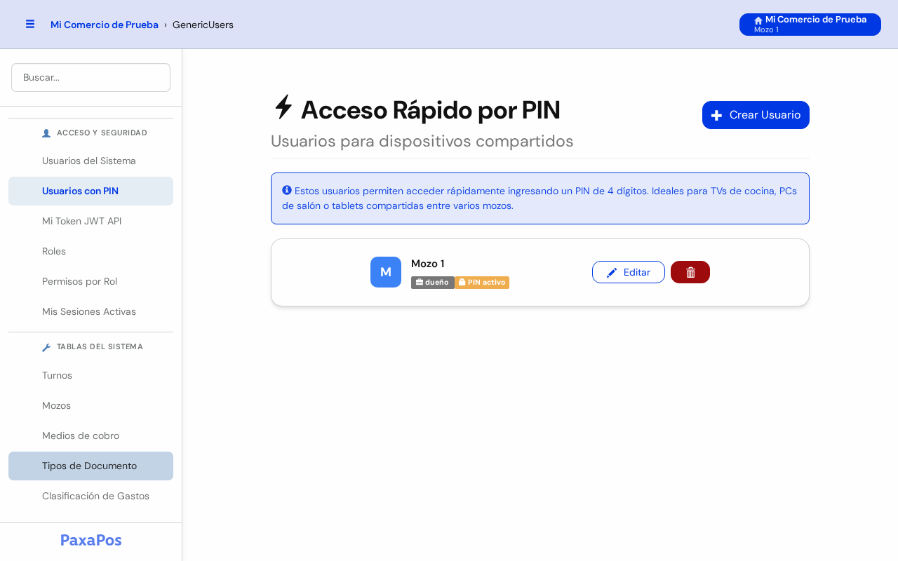 Pantalla Acceso Rápido por PIN con un usuario en la lista