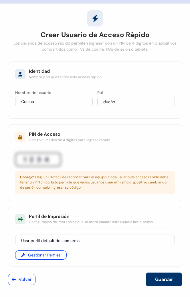 Pantalla Crear Usuario de Acceso Rápido con nombre Cocina, PIN difuminado y los botones Volver y Guardar
