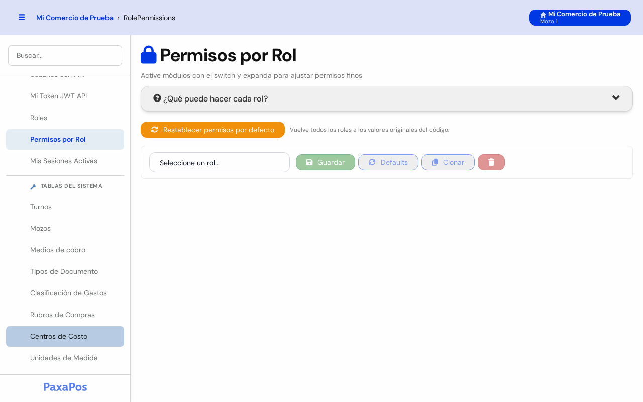 Pantalla Permisos por Rol sin ningún rol elegido