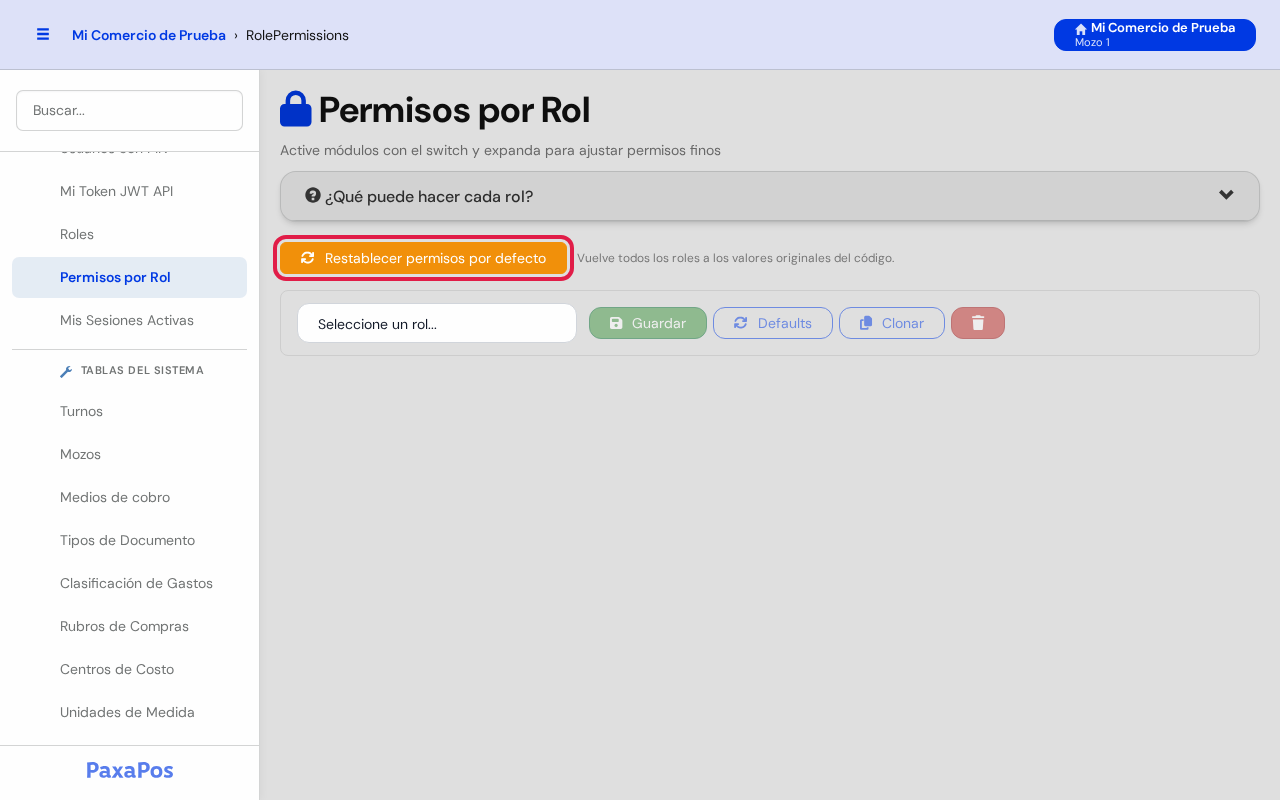 Pantalla con el botón naranja Restablecer permisos por defecto marcado en rojo