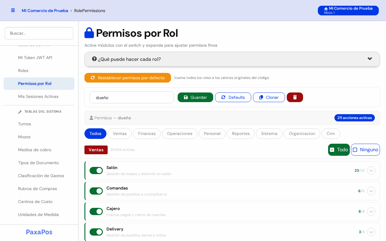Pantalla con el rol dueño elegido, la barra de botones activa y los permisos de Ventas