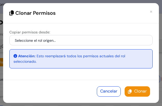 Ventanita Clonar Permisos con el desplegable Copiar permisos desde y los botones Cancelar y Clonar