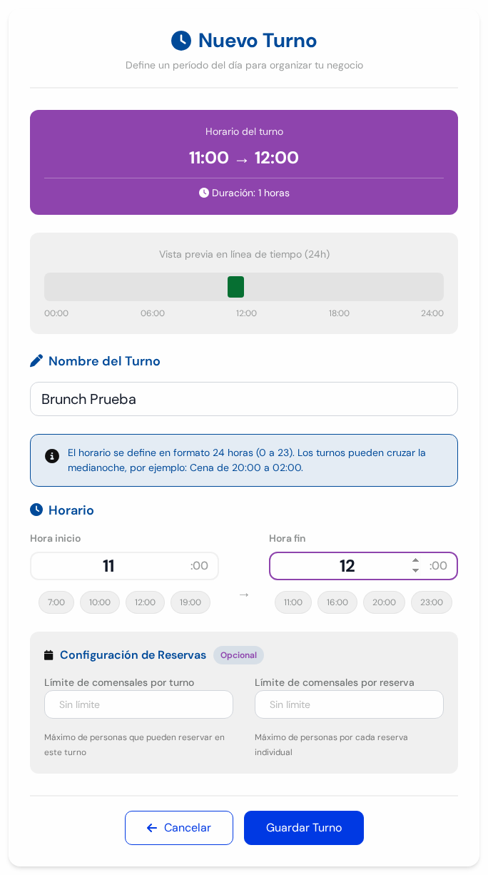 Formulario Nuevo Turno con Brunch Prueba de 11 a 12 y los botones Cancelar y Guardar Turno