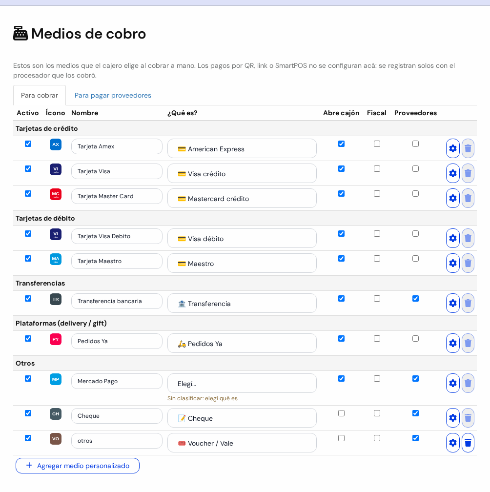 Pantalla Medios de cobro con la pestaña Para cobrar y todos los renglones agrupados