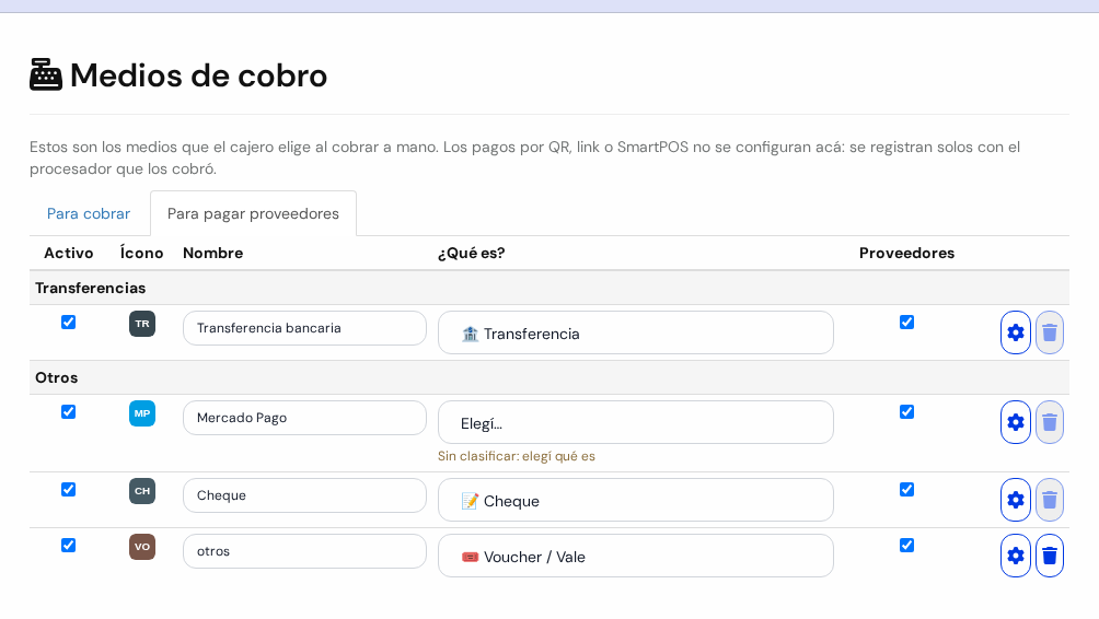 Pestaña Para pagar proveedores con solo los medios que tienen tildada la casilla Proveedores