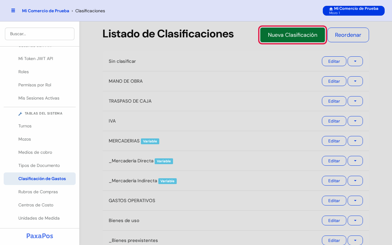 Botón verde Nueva Clasificación marcado en rojo arriba a la derecha