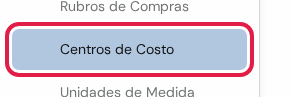 Opción Centros de Costo marcada en rojo, debajo del título Tablas del Sistema