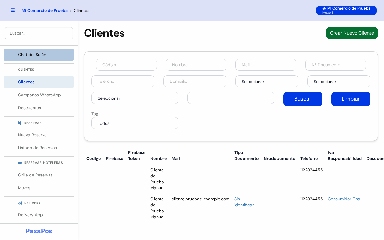 Listado de clientes con el buscador arriba y la tabla abajo
