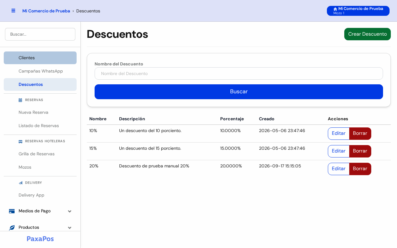 Listado de descuentos con el buscador arriba y la tabla abajo